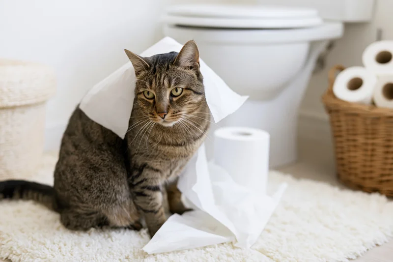 Tabby cat sitting on soft bathroom rug with toilet paper draped over its head and unrolled around it