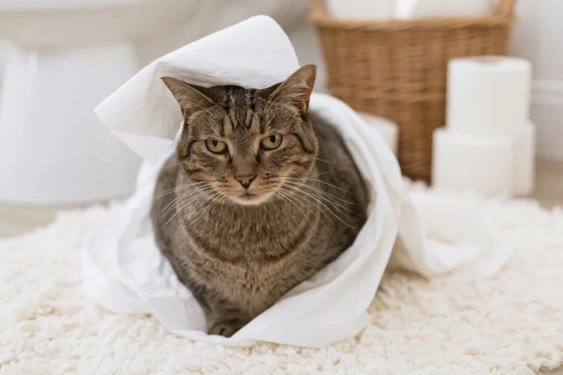 Tabby cat wrapped in toilet paper sitting on soft white bathroom rug
