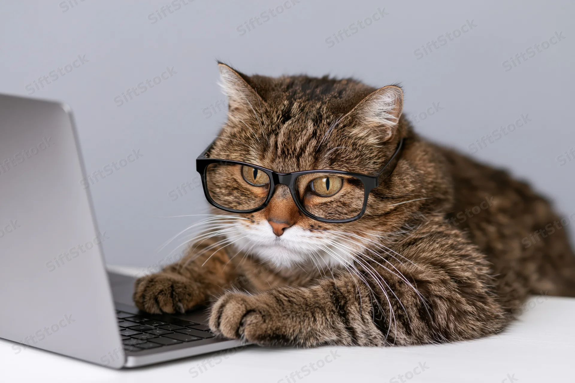 Tabby cat wearing black-rimmed glasses sitting at a white desk with laptop keyboard, focused on screen