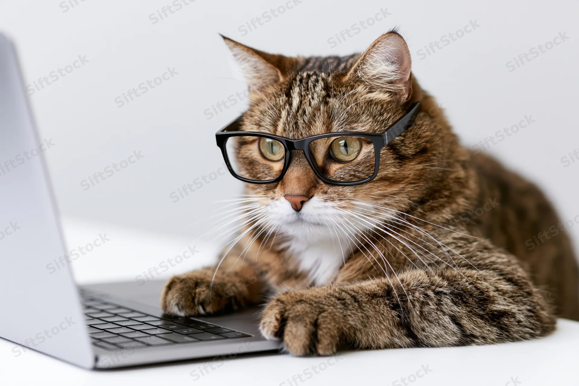 Tabby cat wearing black-rimmed glasses sitting at a white desk with laptop keyboard in front
