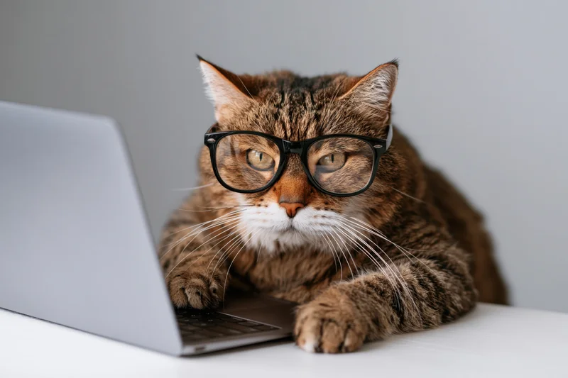 Tabby cat wearing black-rimmed glasses focused on laptop screen at white desk