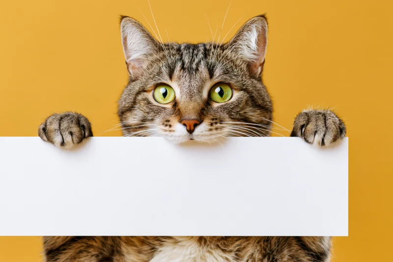 Tabby cat holding blank white sign with paws against yellow background