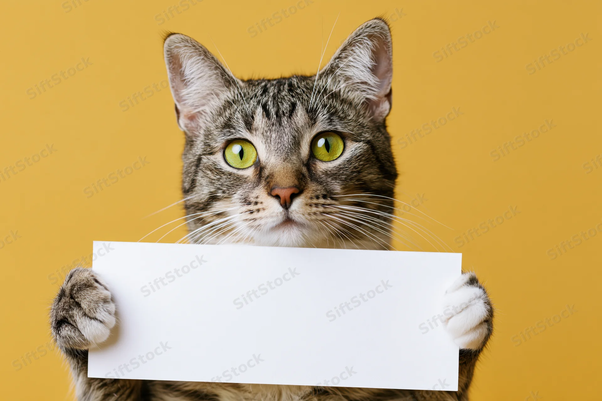 Tabby cat holding blank white sign against yellow background