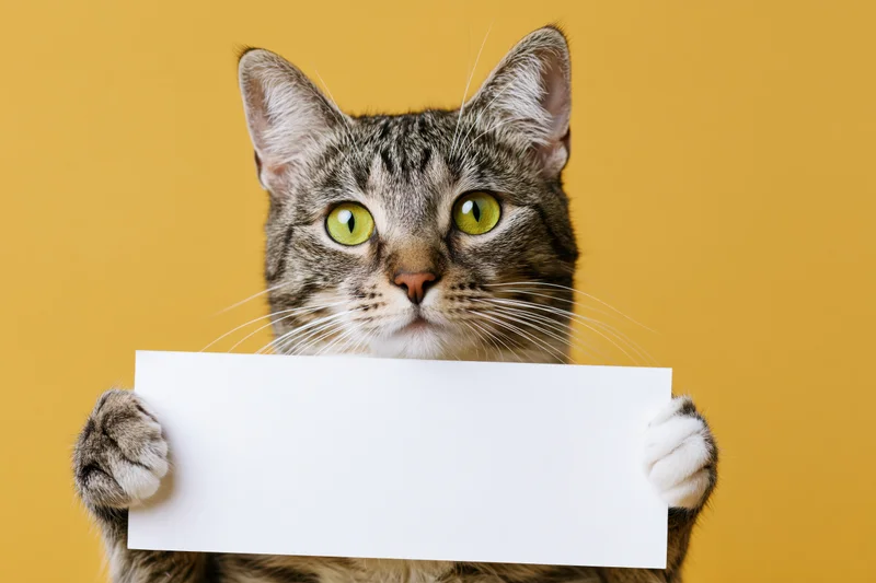 Tabby cat holding blank white sign against yellow background