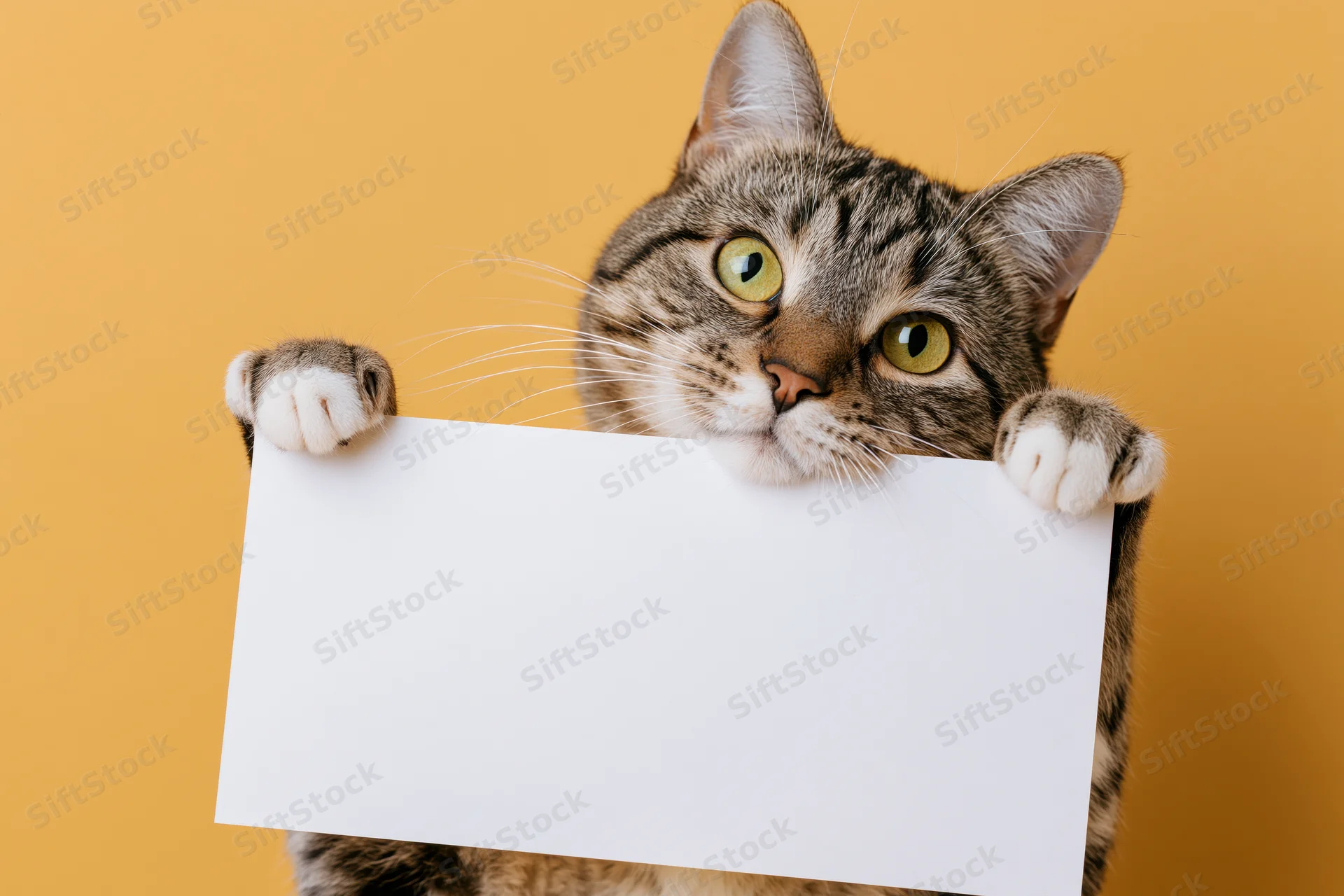 Tabby cat holding blank white sign against orange background
