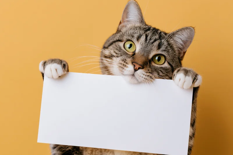 Tabby cat holding blank white sign against orange background