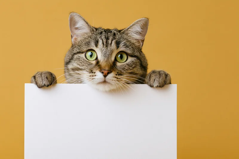 Tabby cat peeking over blank white sign with paws on edges against orange background