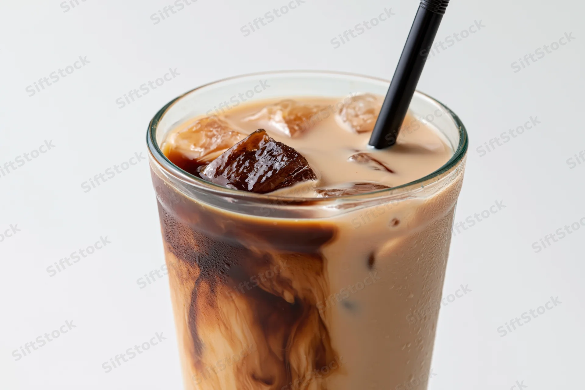 Tall glass of iced coffee with milk and ice cubes, black straw, condensation on surface, white background