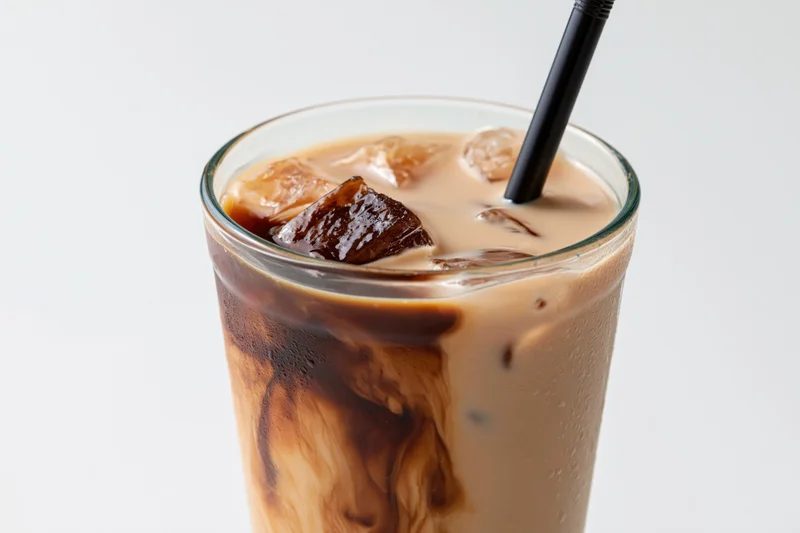 Tall glass of iced coffee with milk and ice cubes, black straw, condensation on surface, white background