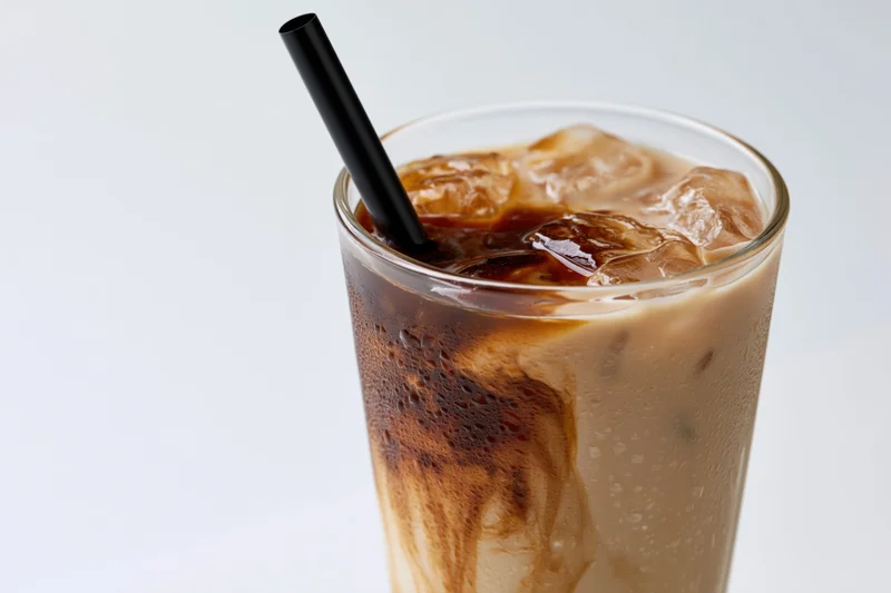 Tall glass of iced coffee with milk and ice cubes, black straw, condensation on surface, white background