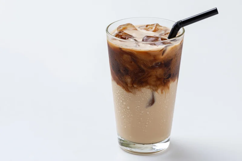 Tall glass of iced coffee with milk and ice cubes, black straw, condensation on surface, white background