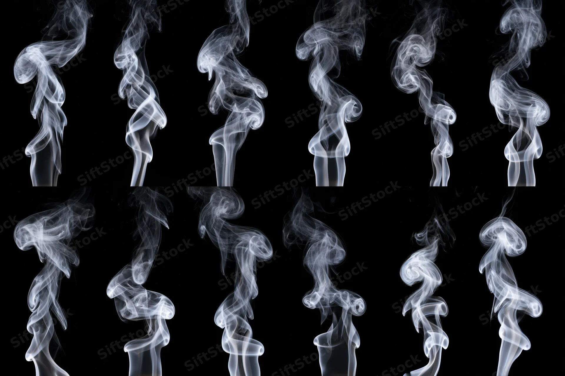 White smoke plumes rising in two rows against black background