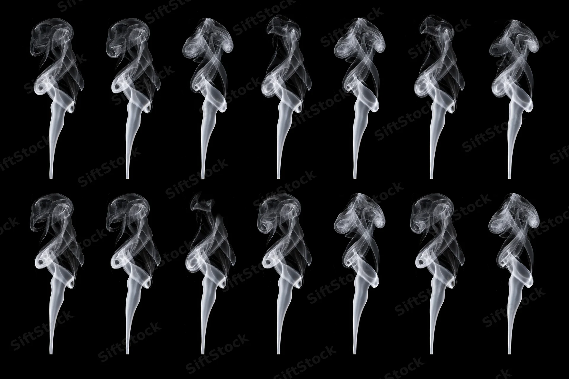 White smoke plumes arranged in two rows against black background