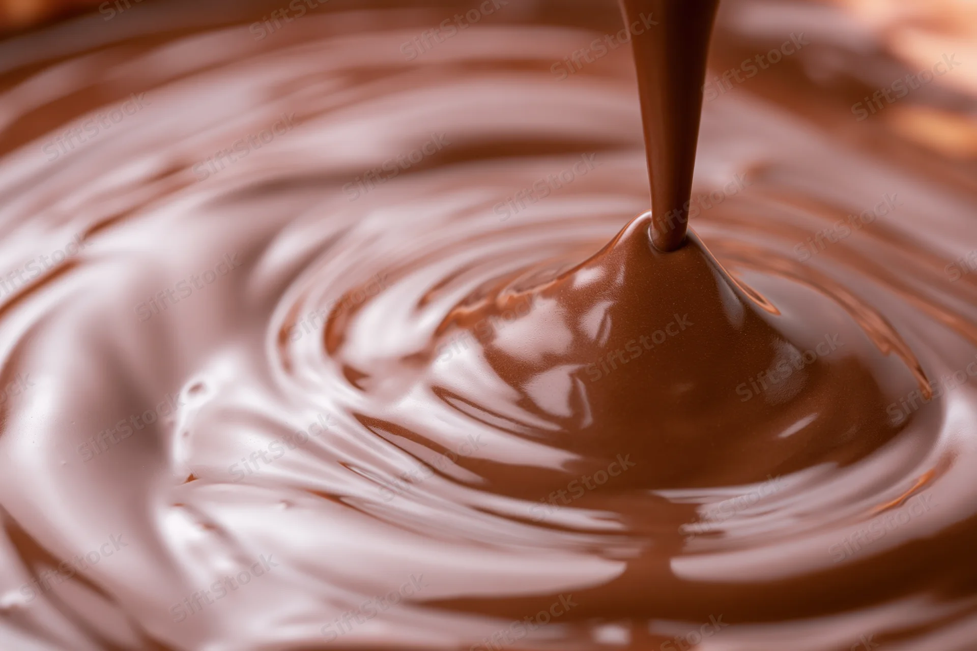 Thick melted milk chocolate pouring into a swirling pool, creating ripples and a glossy surface