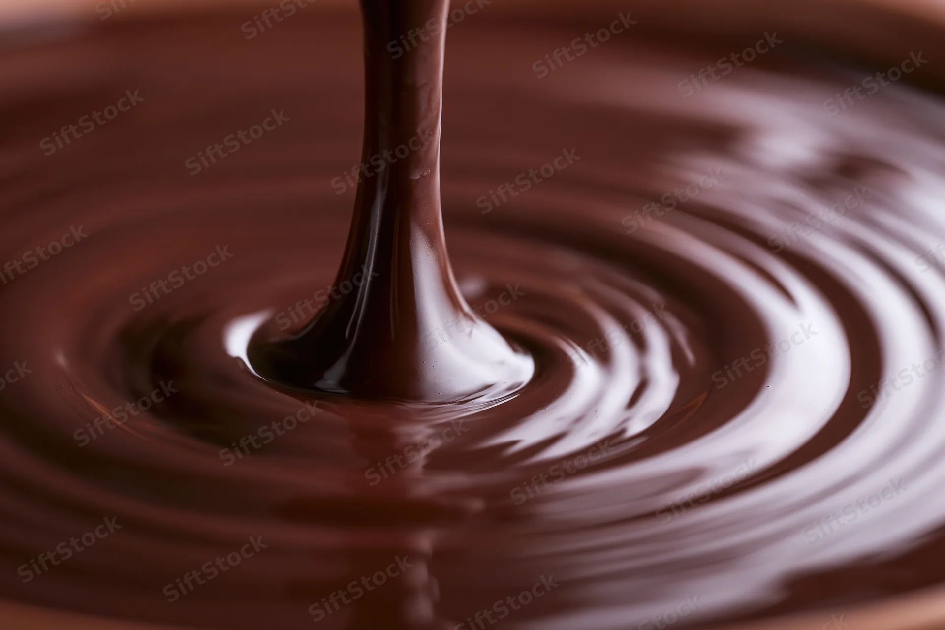 Thick stream of melted dark chocolate pouring into a pool creating ripples and swirls