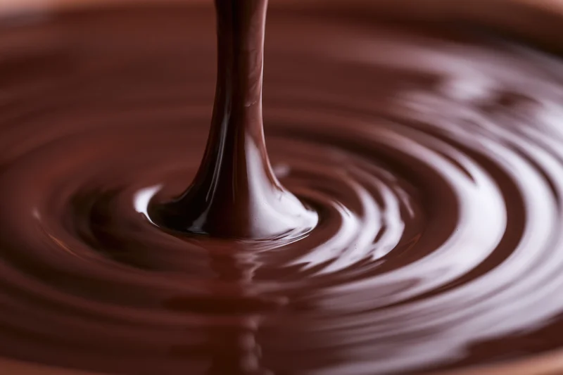 Thick stream of melted dark chocolate pouring into a pool creating ripples and swirls