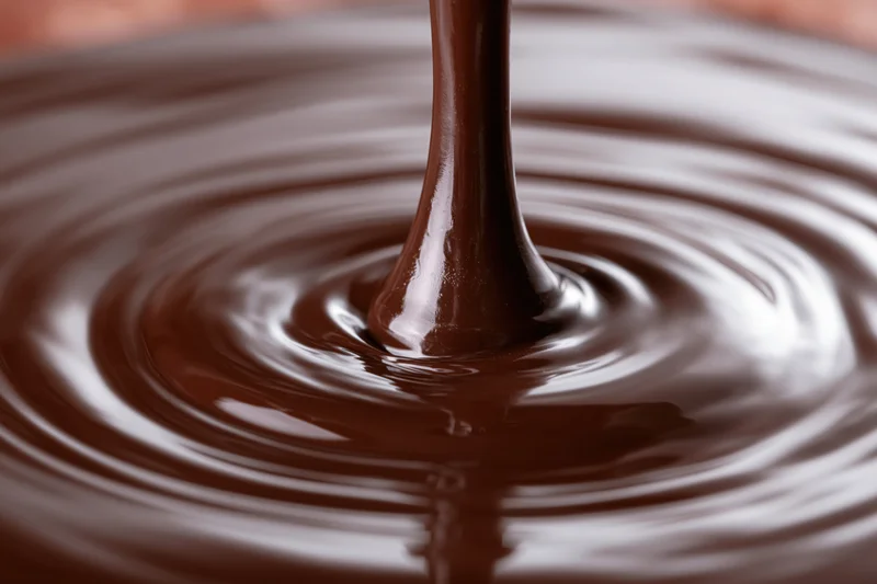 Thick stream of melted dark chocolate pouring into a pool creating ripples