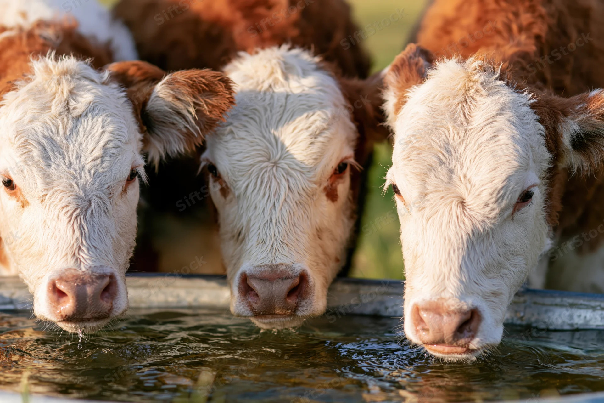 Three hereford calves drinking from a metal trough in a pasture
