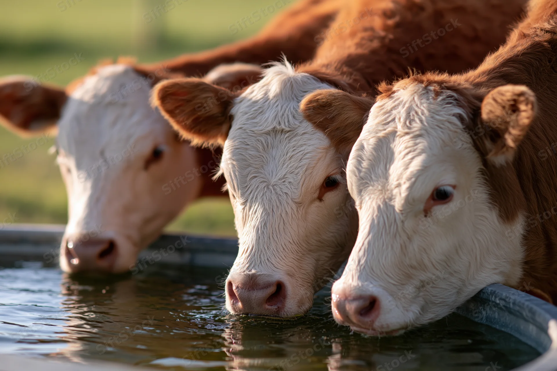 Three hereford calves drinking from a metal trough in a grassy pasture