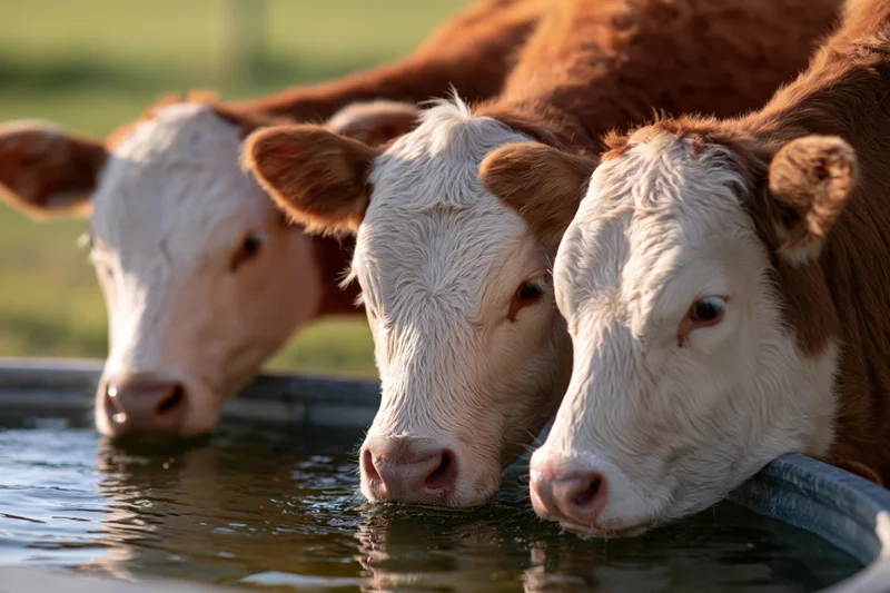 Three hereford calves drinking from a metal trough in a grassy pasture