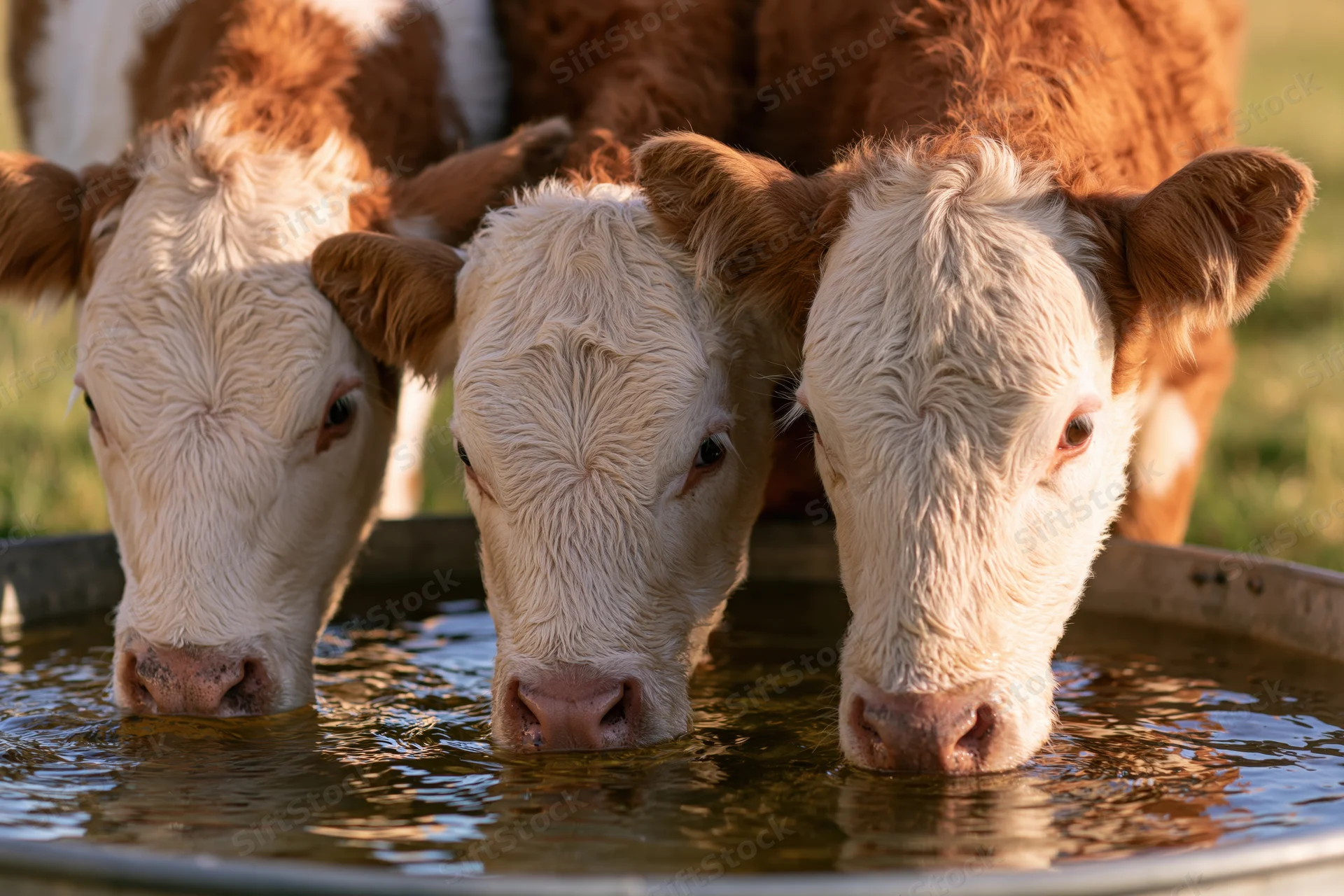 Three hereford calves drinking from a metal trough in a grassy field