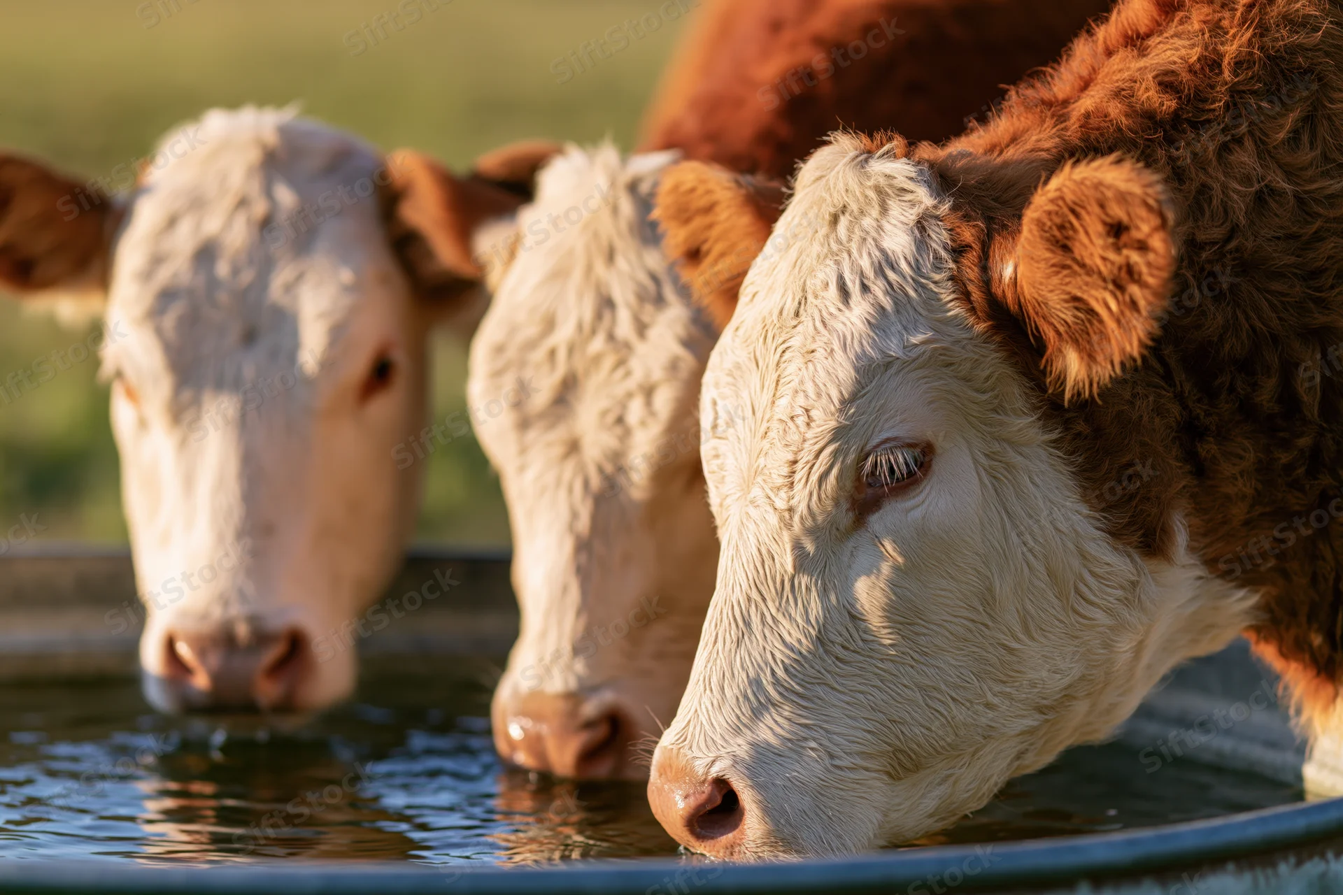 Three Hereford calves drinking from a metal trough in a grassy field
