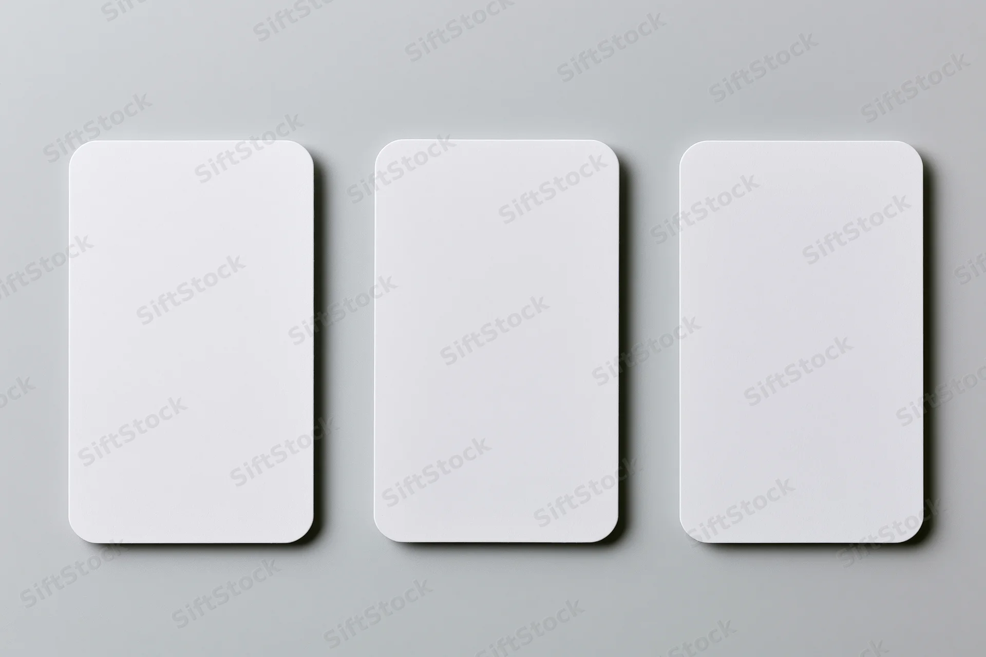 Three blank white cards with rounded corners arranged side by side on a gray surface