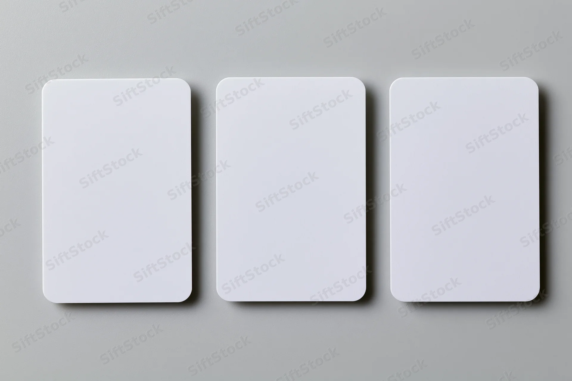 Three blank white cards with rounded corners arranged side by side on a gray surface