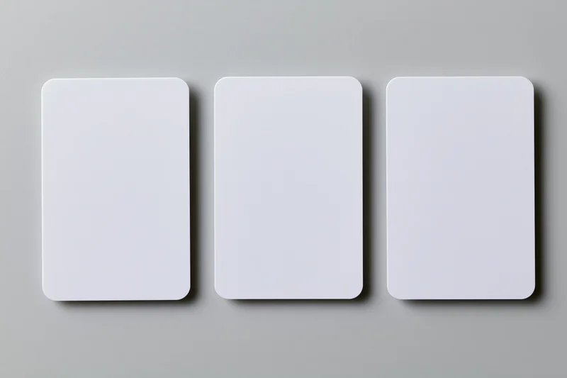 Three blank white cards with rounded corners arranged side by side on a gray surface