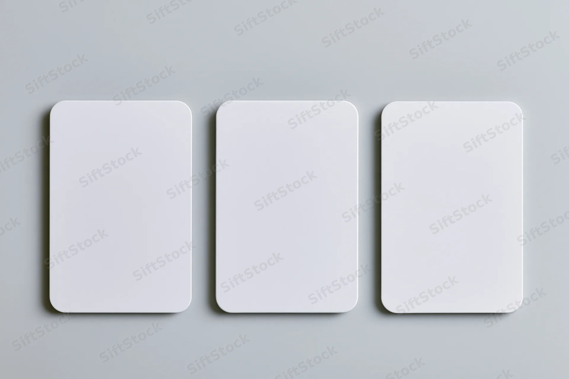 Three blank white cards with rounded corners arranged side by side on a gray surface