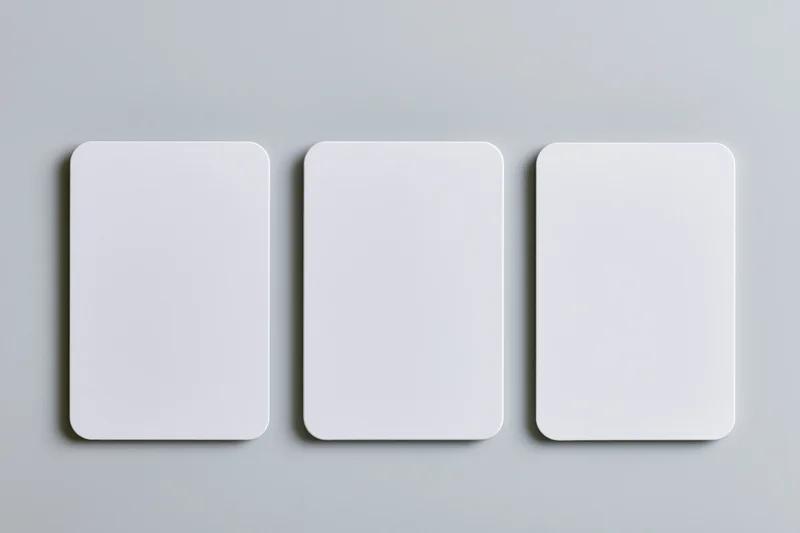 Three blank white cards with rounded corners arranged side by side on a gray surface