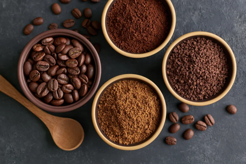 Coffee beans and various ground forms in wooden bowls with a spoon on dark surface
