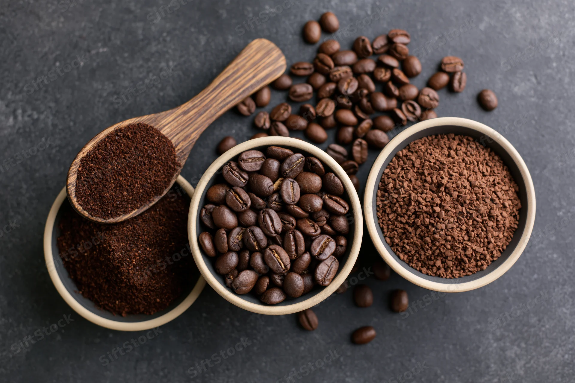 Three bowls and a wooden spoon holding whole and ground coffee beans on dark surface