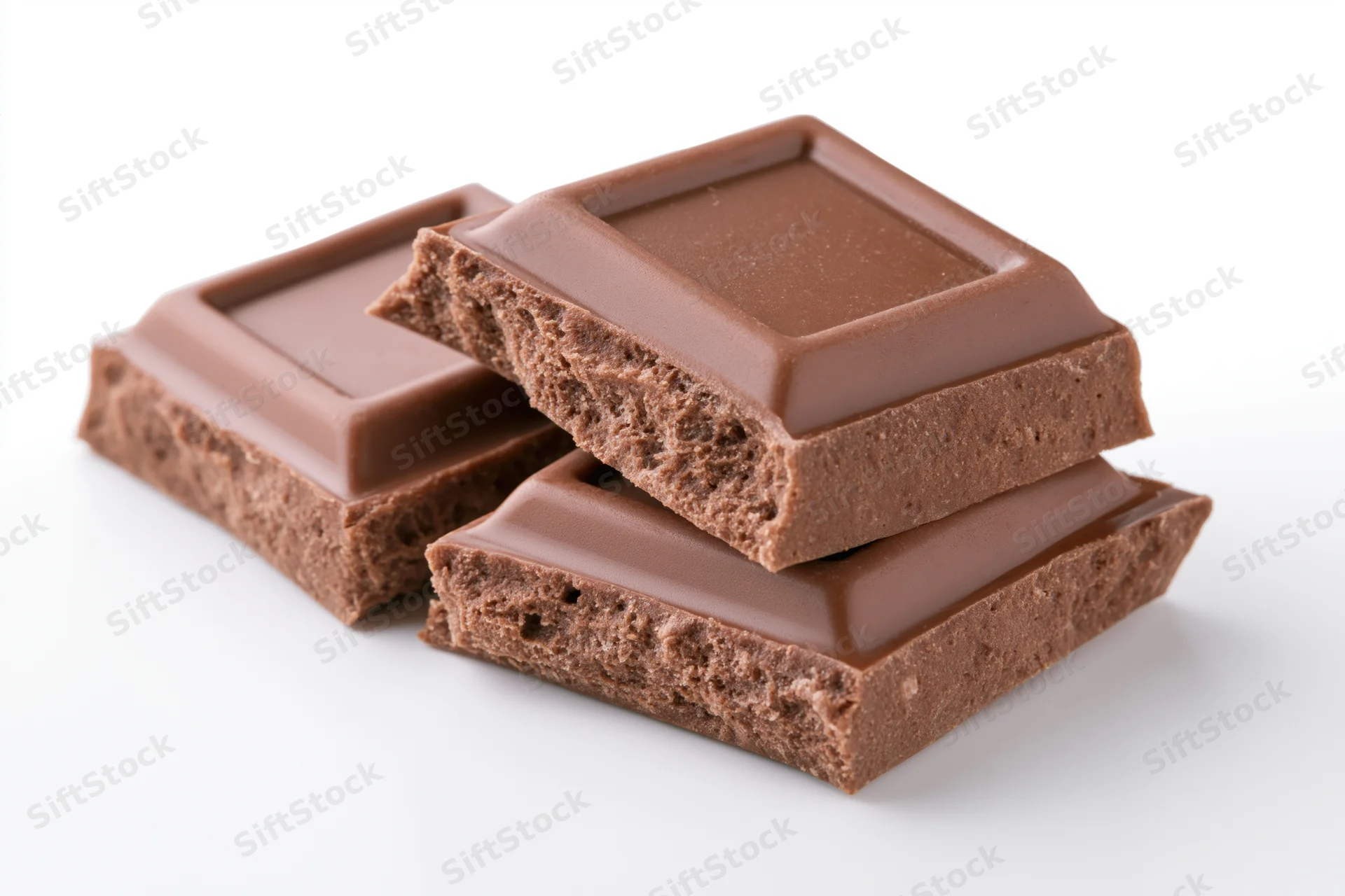 Broken milk chocolate squares stacked on white background
