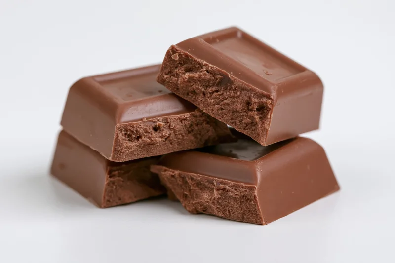 Broken milk chocolate squares stacked loosely on a white surface
