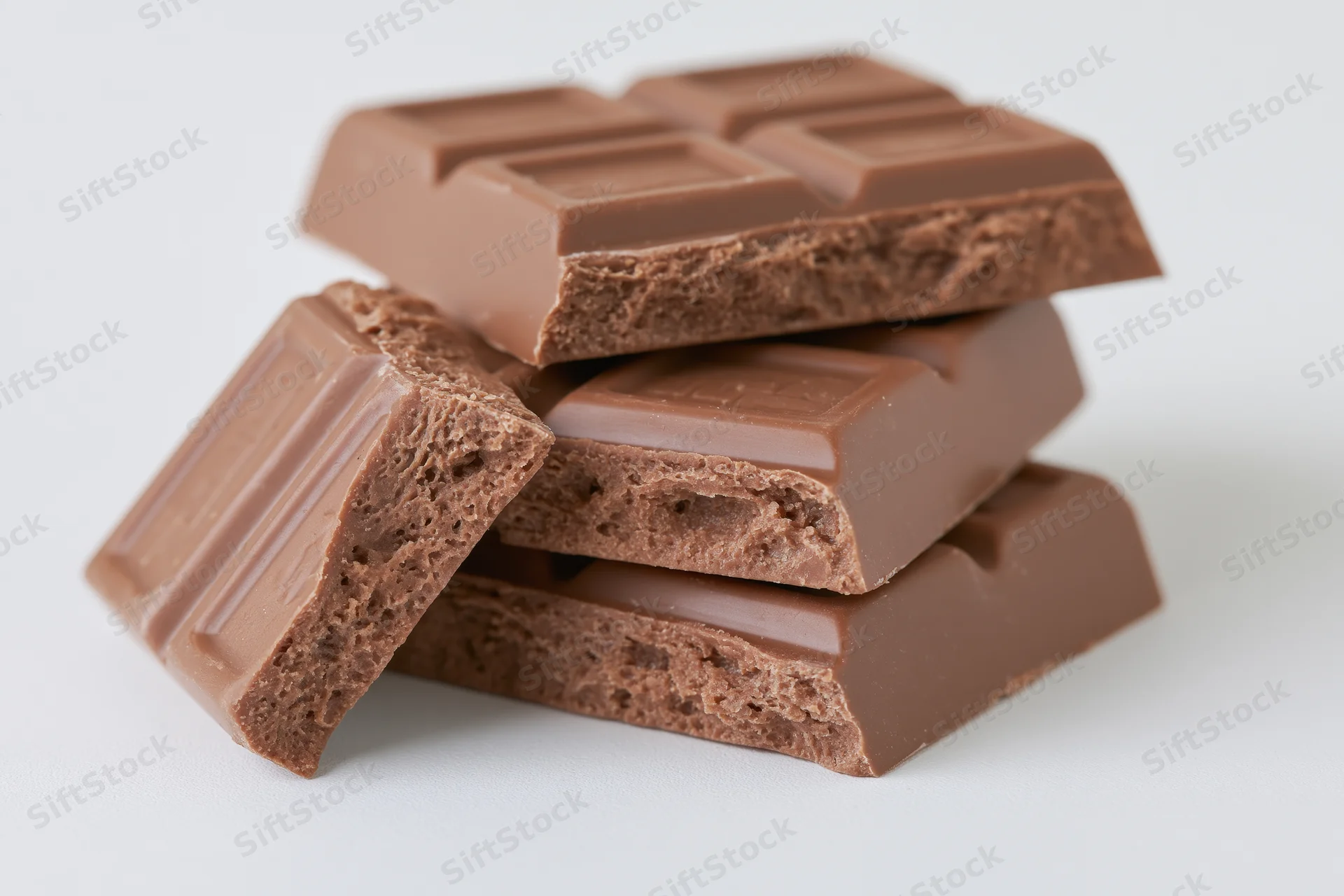 Broken milk chocolate squares stacked loosely on a white background