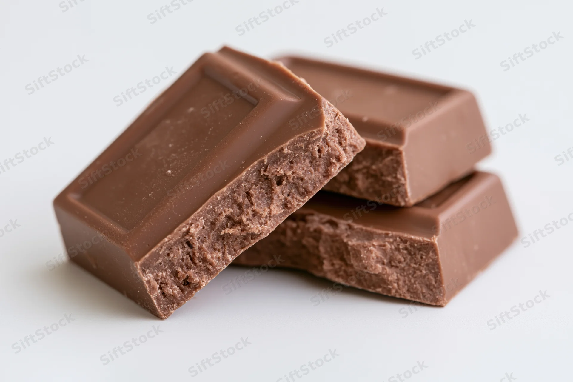 Broken milk chocolate squares stacked on white background