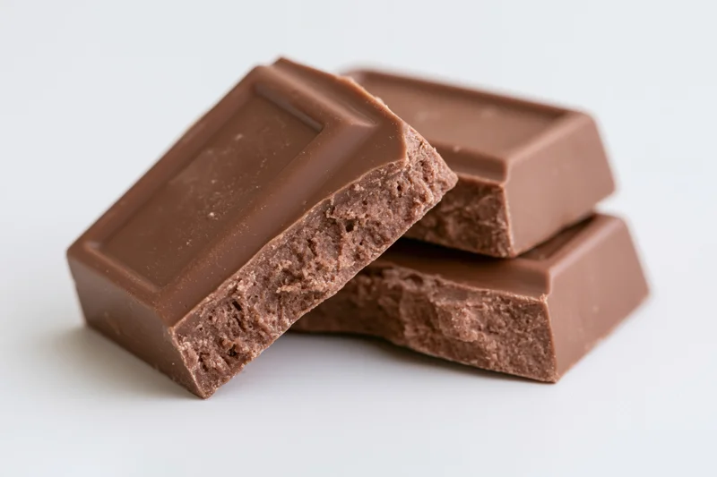 Broken milk chocolate squares stacked on white background