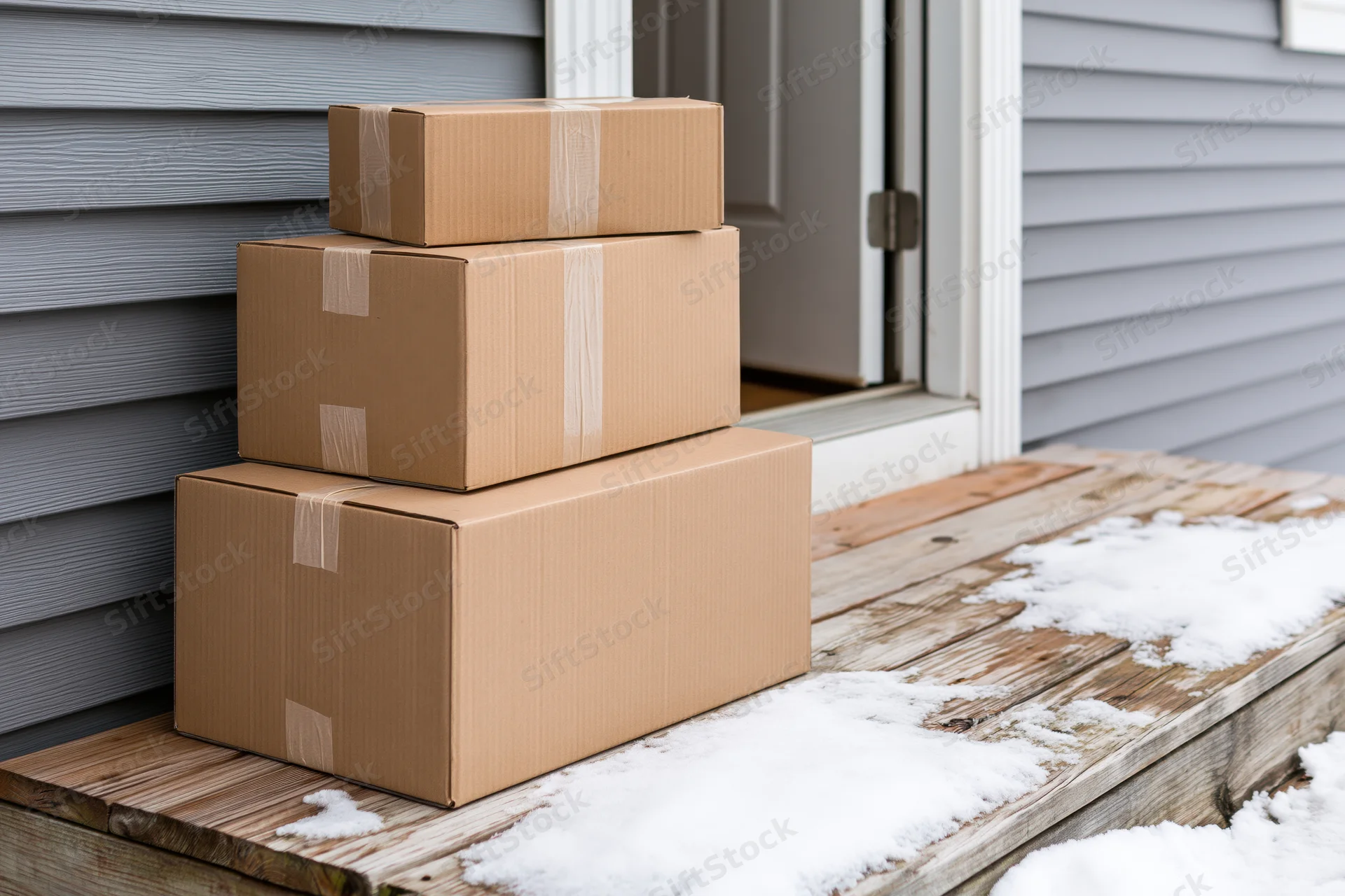 Three cardboard shipping boxes stacked in descending size on a snowy wooden porch beside a front door