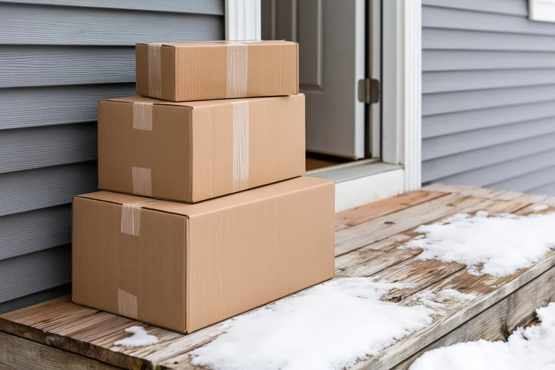 Three cardboard shipping boxes stacked in descending size on a snowy wooden porch beside a front door