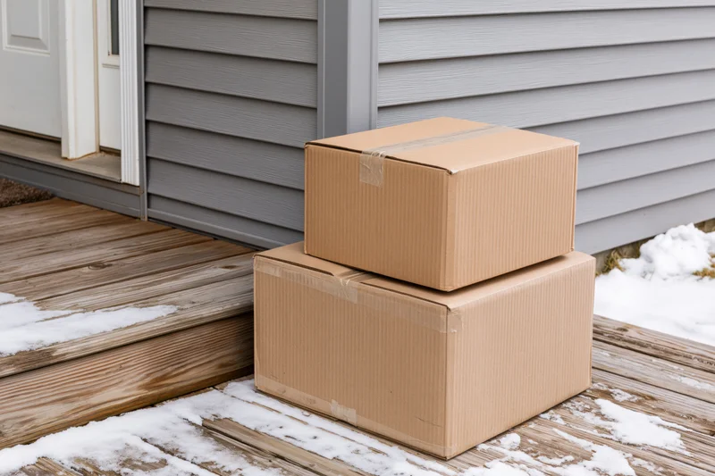 Two cardboard boxes stacked on a snowy wooden porch beside a front door