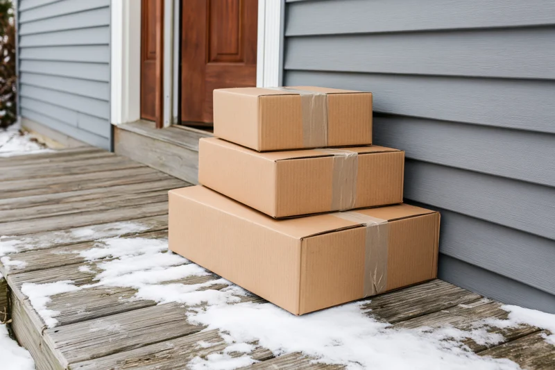 Three cardboard boxes stacked on a snowy porch in front of a house door