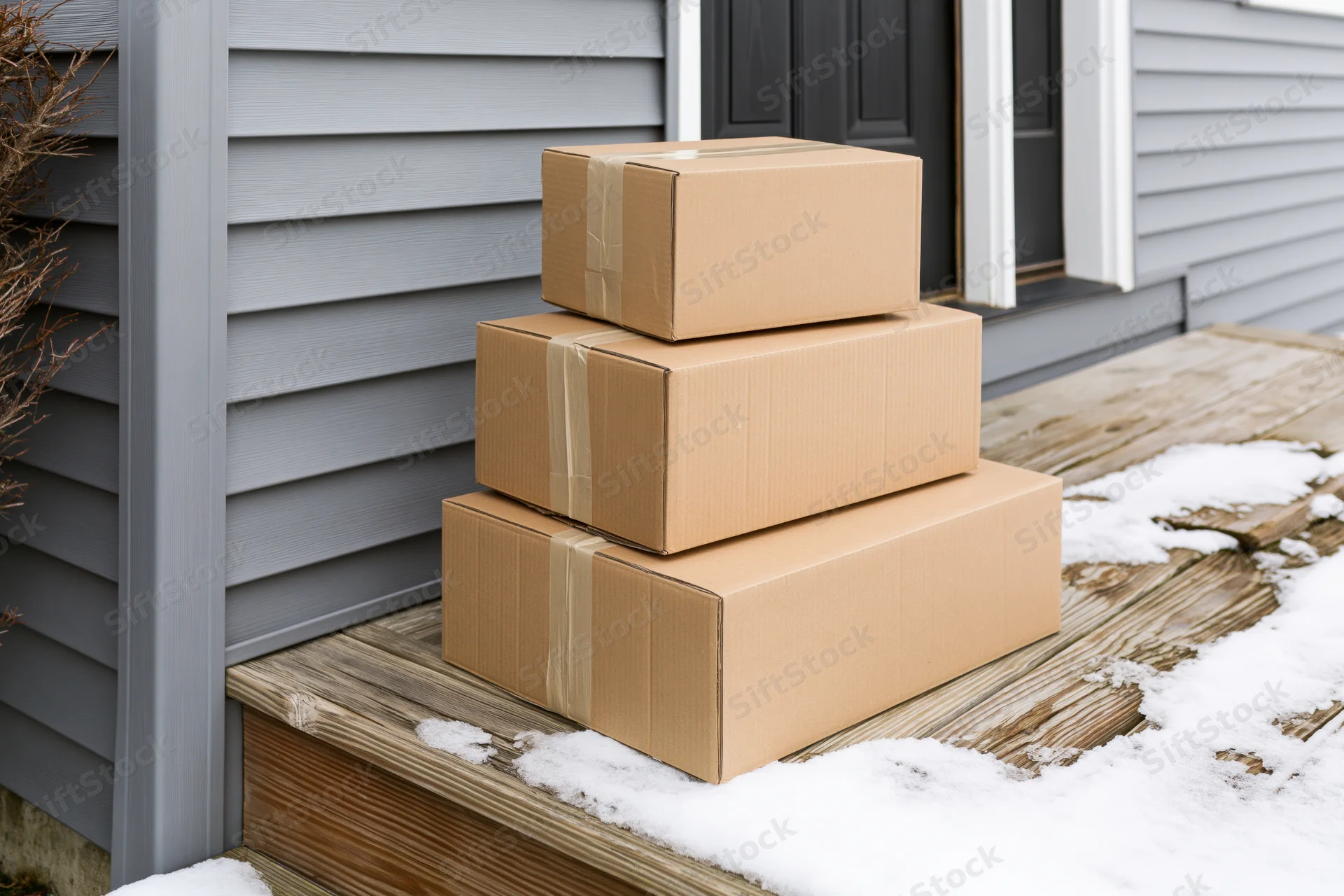 Three cardboard shipping boxes stacked in descending size on a snowy front porch beside a gray house door