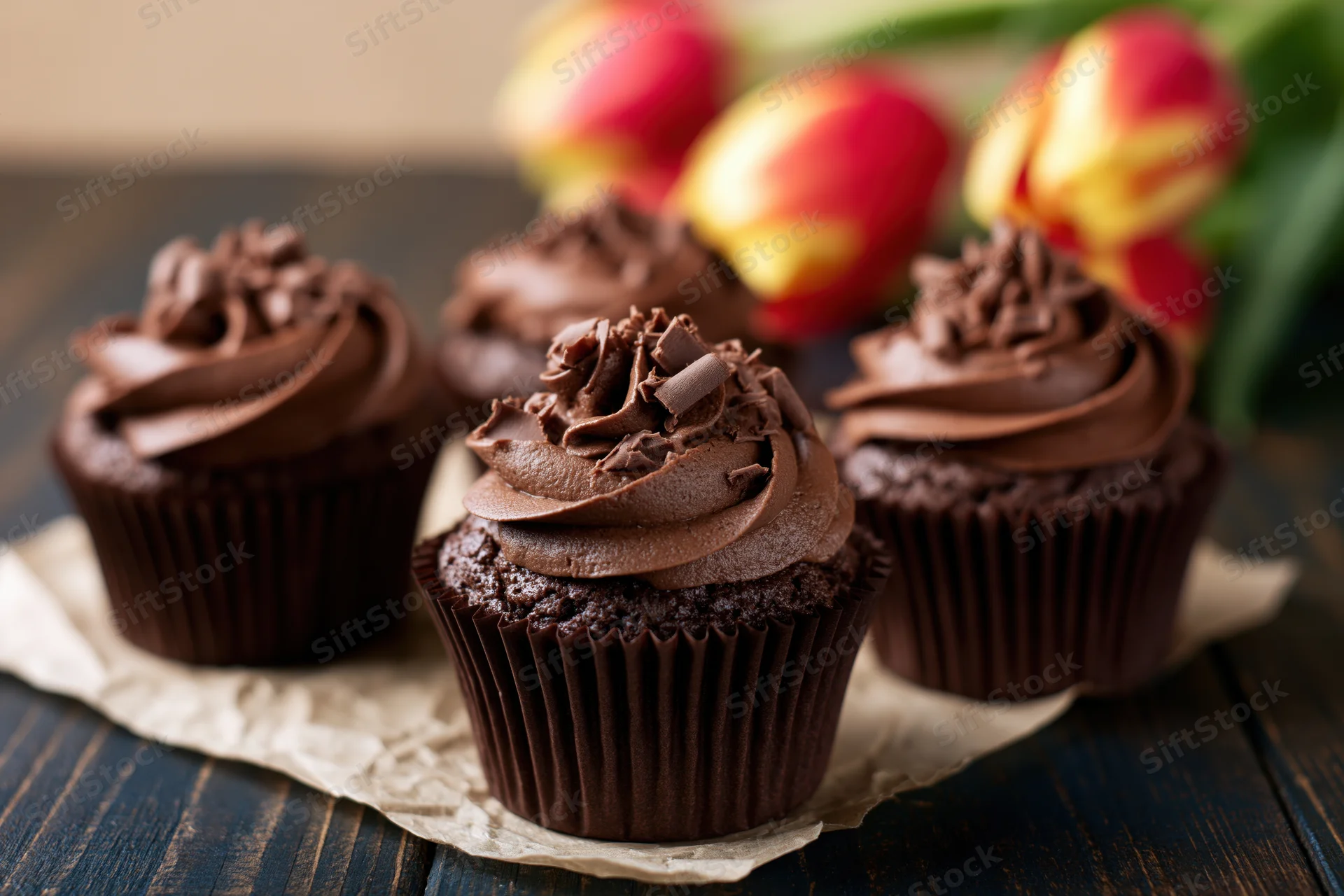 Three chocolate cupcakes with chocolate frosting swirls in dark brown paper liners on parchment paper over wooden surface with tulips in background