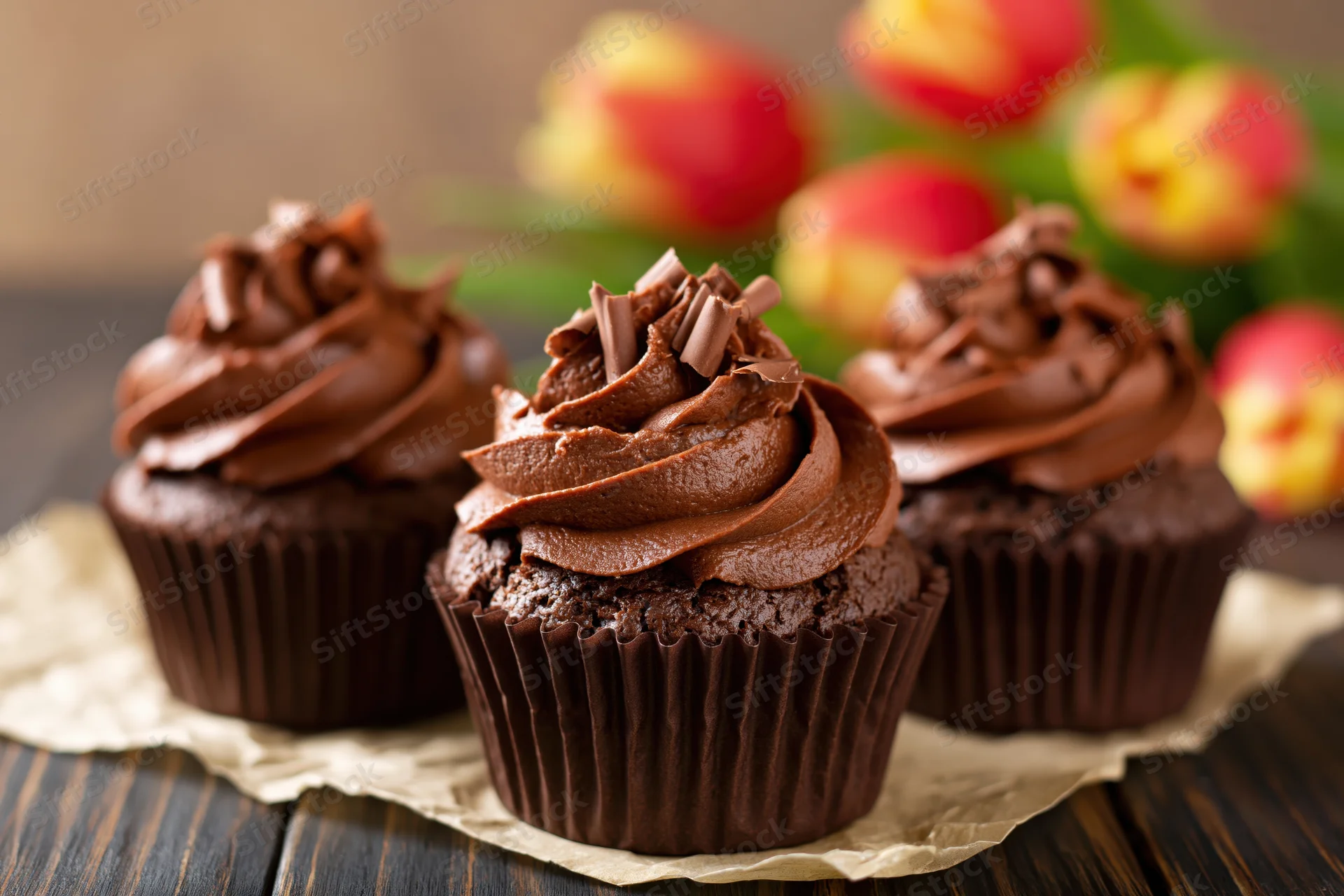 Three chocolate cupcakes with chocolate frosting and chocolate shavings on parchment paper on wooden table with tulips in background
