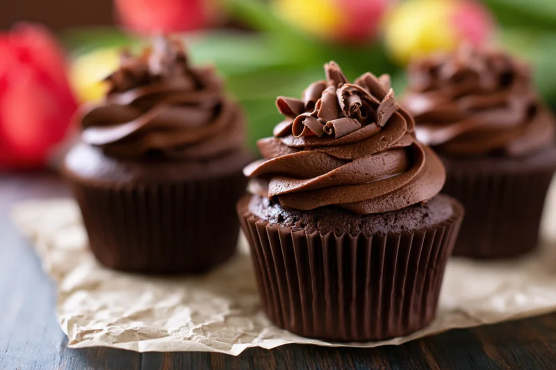 Three chocolate cupcakes with chocolate frosting and curls in dark brown paper liners on crumpled paper over wooden surface with blurred tulips in background