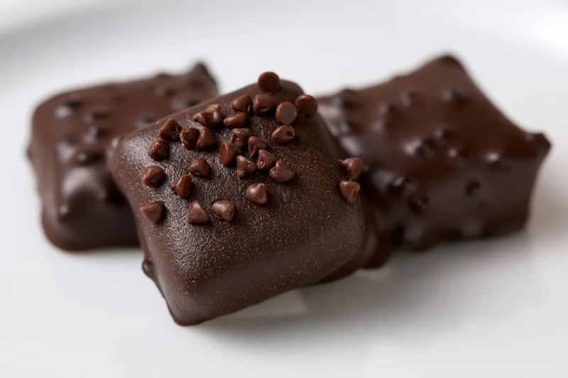 Three dark chocolate-coated candy pieces clustered together on a white surface