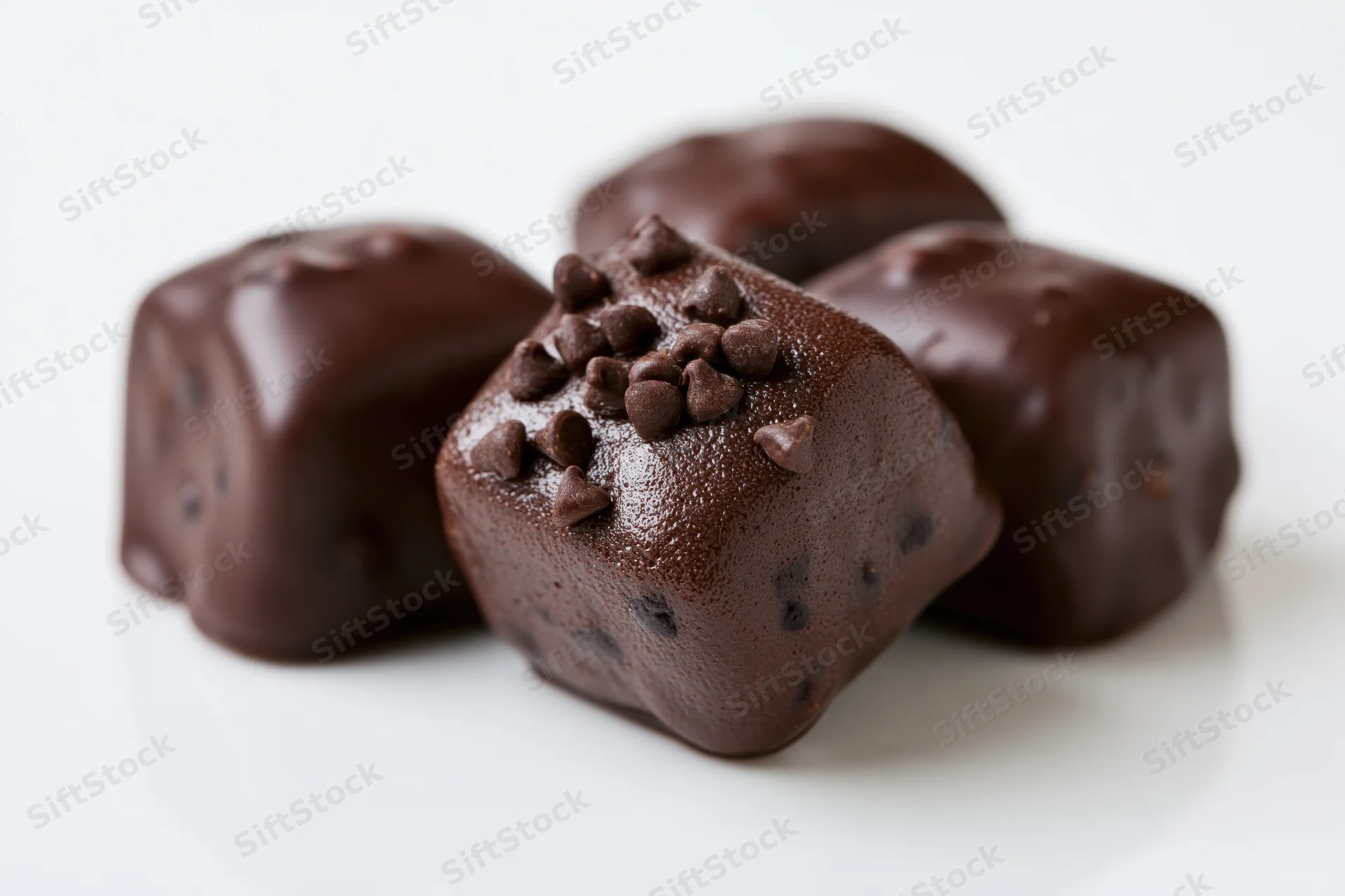 Dark chocolate-coated candy pieces clustered together on white surface