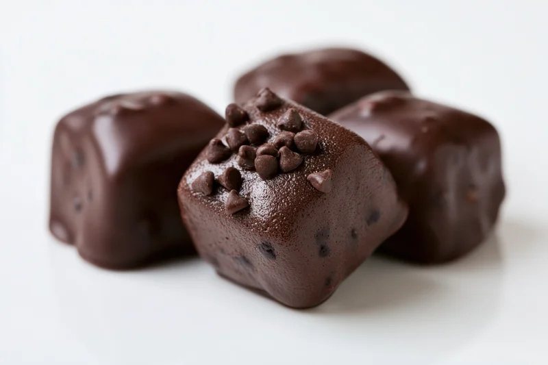 Dark chocolate-coated candy pieces clustered together on white surface