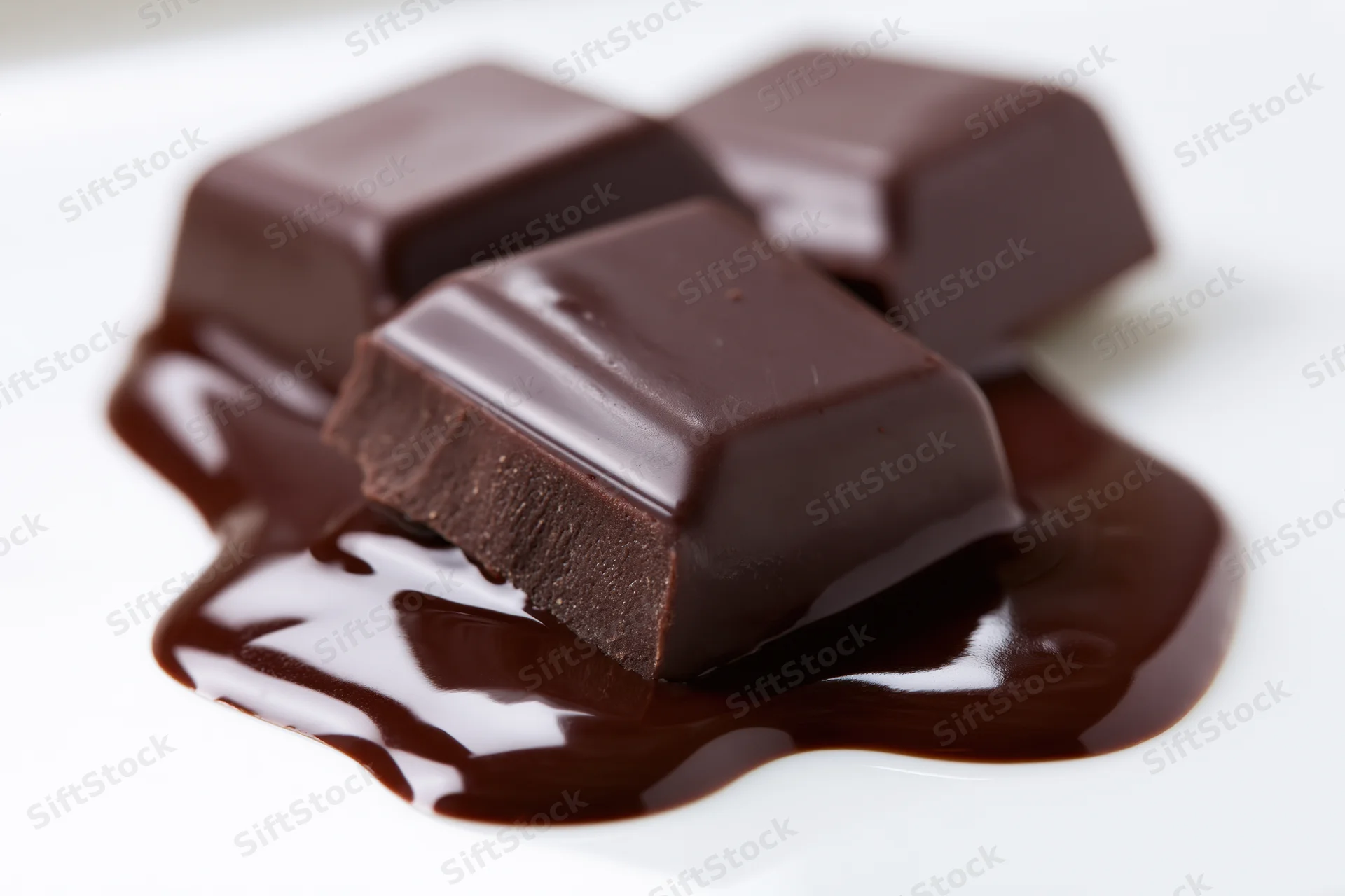 Three dark chocolate squares resting in a pool of melted chocolate on a white surface